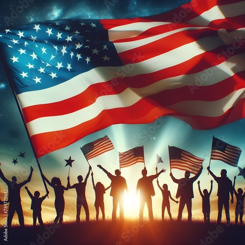American public celebrate on a background of sunset or sunrise and USA flag. Greeting card for Veterans Day, Memorial Day, Independence Day. America celebration. ai generated image 