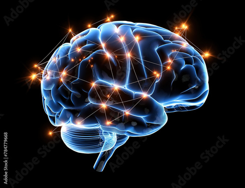 Brain glowing in the dark with blue and orange light. Neural network of the brain with lights and sparkles representing brain activity. Mental energy, brain function, cognition concepts.