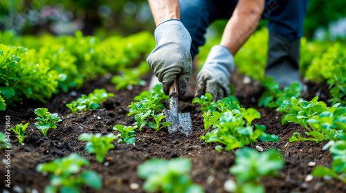 main en train de planter des salades - jardinage  photo