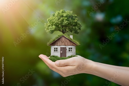 Hand holding a small house with a tree growing from it