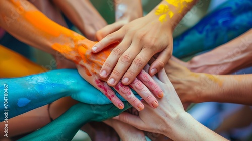 Workplace inclusivity, people with colorful paint on their hands, yellow lifestyle community