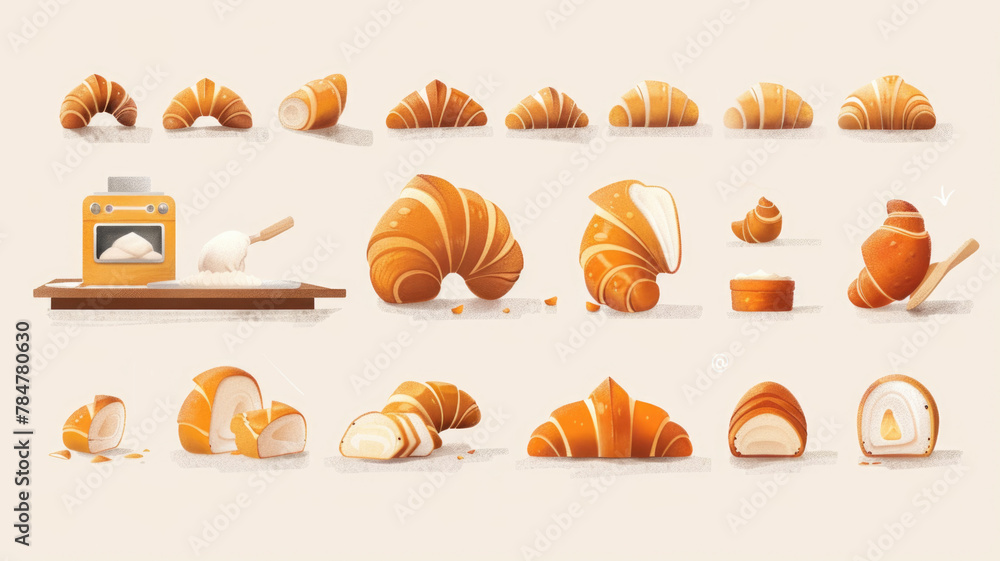 playful and stylized illustration showcasing the step-by-step making of croissants, from dough kneading to baking, culminating in various stages of rolled pastry, inviting viewers to the art of baking