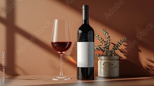 Standing wine bottle label mockup, bottle of red wine and glass on table, liquid food elegance luxury cabernet sauvignon grape