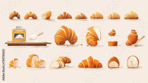 playful and stylized illustration showcasing the step-by-step making of croissants  from dough kneading to baking  culminating in various stages of rolled pastry  inviting viewers to the art of baking
