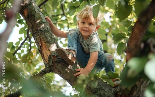 Adorable young boy climbing on  branches on a tree.