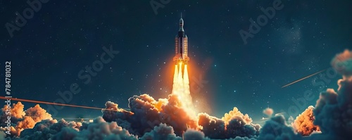 Rocket soaring through clouds in the sky, surrounded by natures beauty. AI generated illustration