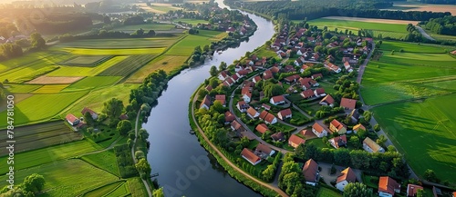Aerial view of village by river with natural landscape and residential buildings. AI generated illustration