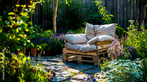 fauteuil fabriqué en palettes en bois avec coussins dans un jardin photo