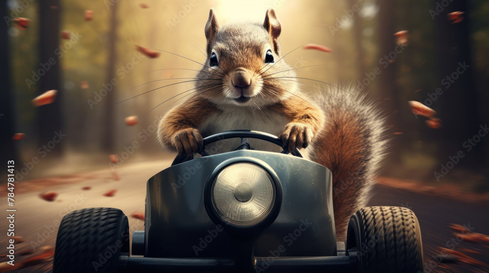 Fototapeta A squirrel is racing at speed in a racing car