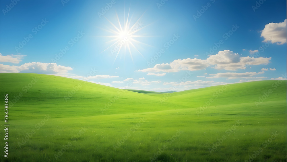 An idyllic landscape capturing the essence of spring with a radiant sun over lush green hills and a clear blue sky