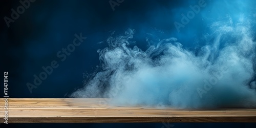 blue background with a wooden table and smoke. Space for product presentation, studio shot, photorealistic, high resolution image with soft lighting