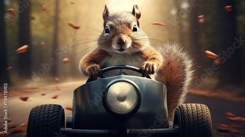A squirrel is racing at speed in a racing car