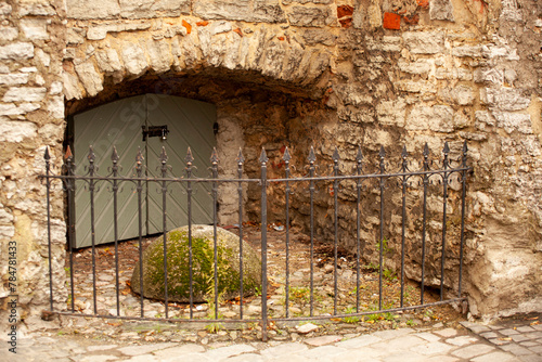A secret passage in the brick wall behind a locked grey metal gate and a locked wrought iron wicket. A concrete semicircle with green moss prevents passage to the entrance. Horizontal.