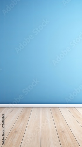 Blue background with a wooden table, product display template. blue background with a wood floor. Blue and white photo of an empty room for presentation 