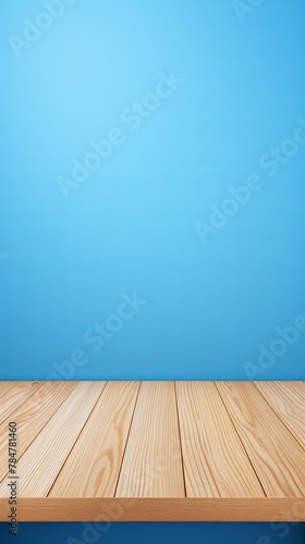 Blue background with a wooden table  product display template. blue background with a wood floor. Blue and white photo of an empty room for presentation 