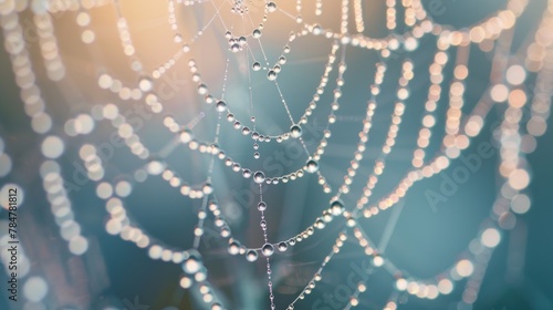 A close-up of gossamer threads covered in dewdrops against a bokeh background, perfect for detailed macro photography backgrounds or delicate design elements.