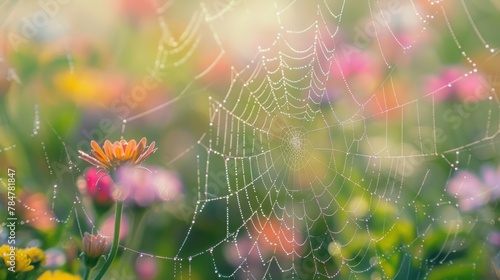 A vibrant depiction of a gossamer veil over a colorful meadow with dew, ideal for use in vibrant digital backgrounds or environmental awareness campaigns photo