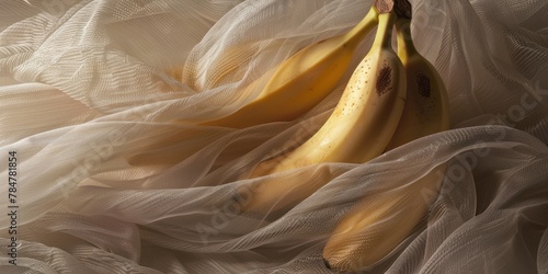 Ethereal scene of gossamer fabric gracefully enveloping a bunch of ripe bananas, suitable for advertising or editorial use in food magazines.