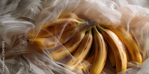 Transparent gossamer fabric gently wrapped around a bunch of ripe bananas, with the fabric's sheerness contrasting with the bananas' texture and color, offering a simple yet striking visual photo