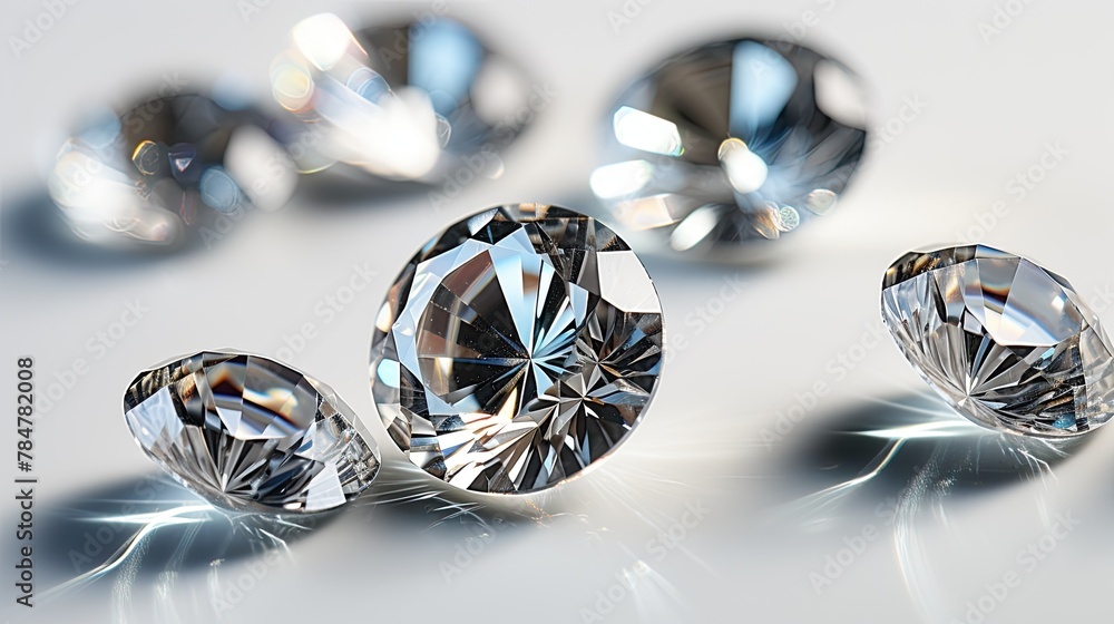 Close up of diamond stones of different cuts and sizes on light background with shadows Close up of diamond stones of different cuts and sizes on light background with shadows