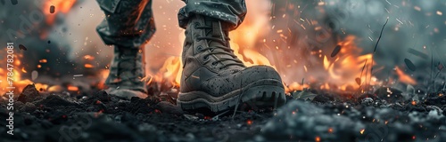 A closeup of the feet and boots of an army soldier walking in war, with explosions and fire around him. AI generated illustration photo