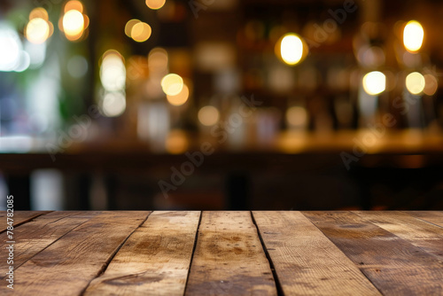 Empty old grunge wooden table top with abstract blurred background. Table top with copy space for product advertising in outdoors terrace, bar, coffee shop interior. Mock up © vejaa