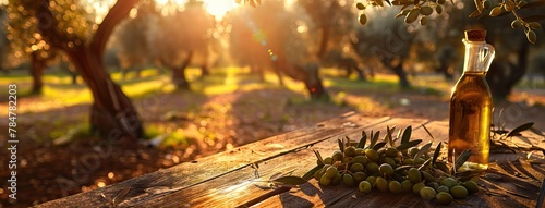 Glass container with olive oil on wooden table with branches and olives in crop field full of olive trees with sunshine. AI generated illustration