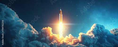 A rocket is launching into the sky emitting smoke into the atmosphere. AI generated illustration