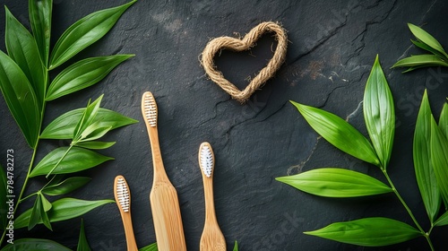 Three wooden toothbrushes are on a black surface with green leaves. The toothbrushes are arranged in a row, with one in the middle and two on the left