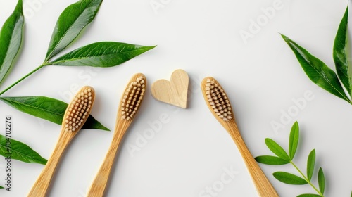 A row of wooden toothbrushes with a heart-shaped object in the middle. Concept of natural beauty and simplicity, as well as the importance of oral hygiene