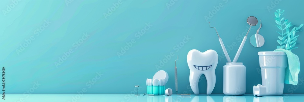 A collection of dental instruments are displayed on a blue background. The instruments include a variety of toothbrushes, dental picks, and other tools used by dentists - obrazy, fototapety, plakaty 
