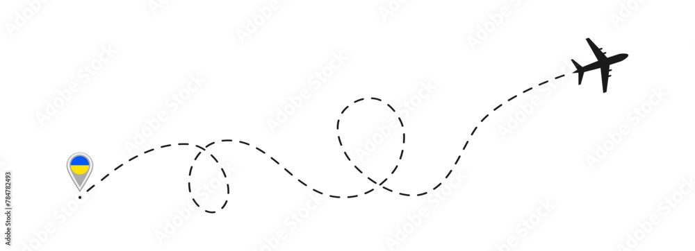 Plane path with Ukrainian flag map pointer icon. Vector airplane symbol, route track and pin with location sign isolated on a white background. Opening of flights from Ukraine illustration. Flat style Plane path with Ukrainian flag map pointer icon. Vector airplane symbol, route track and pin with location sign isolated on a white background. Opening of flights from Ukraine illustration. Flat style