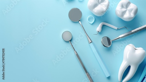 A collection of dental instruments are displayed on a blue background. The instruments include a variety of toothbrushes, dental picks, and other tools used by dentists © Sarbinaz Mustafina