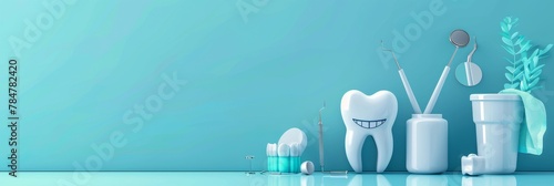A collection of dental instruments are displayed on a blue background. The instruments include a variety of toothbrushes, dental picks, and other tools used by dentists