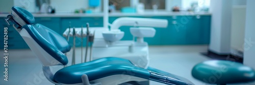 A dentist's office with a blue chair and a white dental chair