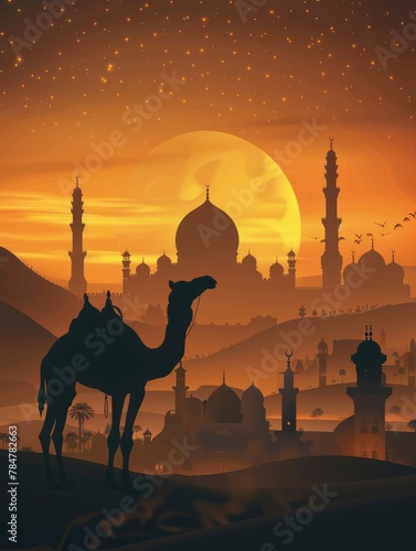 camel silhouette and kaaba for islamic greeting background - generative ai