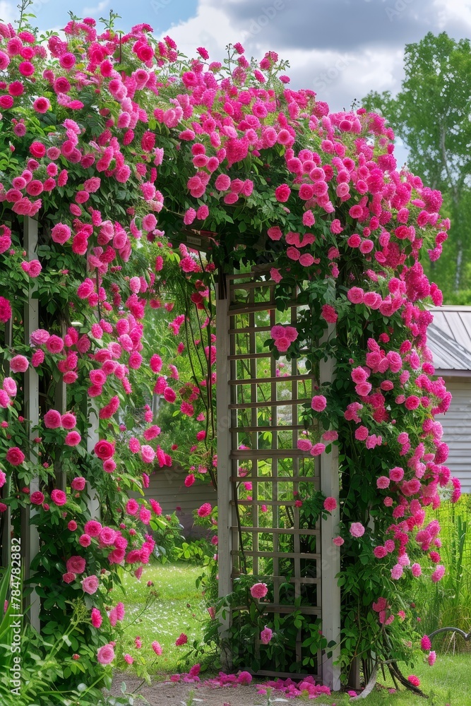 Spring's Embrace: A Garden Trellis Transformed by the Lush Growth of Blooming Climbing Roses