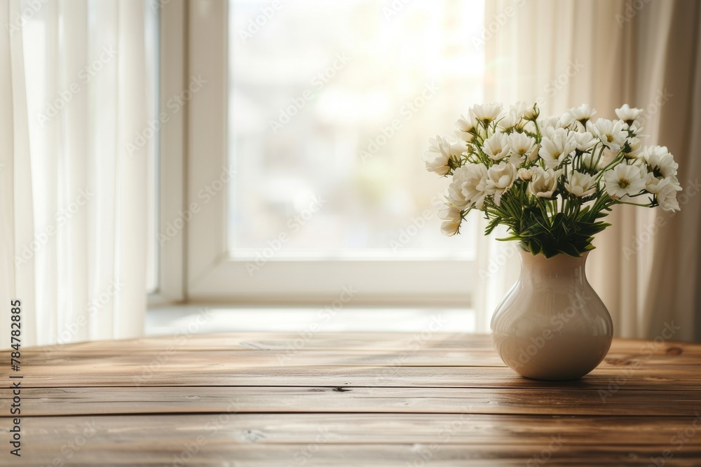 Wooden table top with copy space for product advertising in old vintage kitchen. Table and vase with white spring flowers near window in country house, rural area Wooden table top with copy space for product advertising in old vintage kitchen. Table and vase with white spring flowers near window in country house, rural area