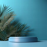 Blue background with shadows of palm leaves on a blue wall, an empty table top for product presentation. 