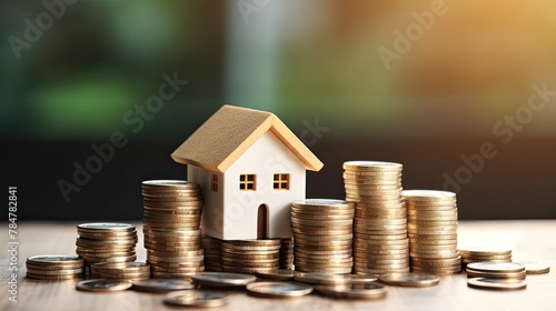 model of house with coins, savings or house mortgage concept