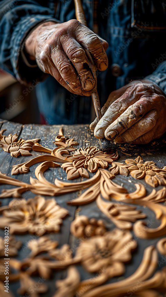 studio shot of A craftsman carving intricate designs on a piece of wood, realistic travel photography, copy space for writing