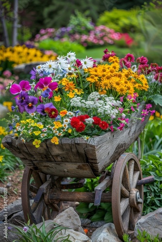 A Picturesque Display of Spring's Bounty: A Wheelbarrow Full of Mixed Flowers in a Rustic Setting