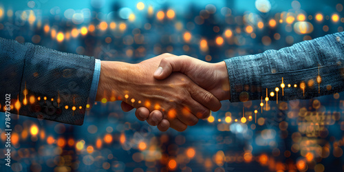 Successful business merger handshake with upward graphs symbolizing growth and teamwork in a corporate cityscape photo