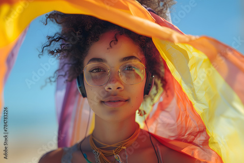 Black woman with eyeglasses, headsets and afro hair holds up the lgbtq flag of gay pride that moves with the wind on a sunny day. She fights for sexual freedom photo