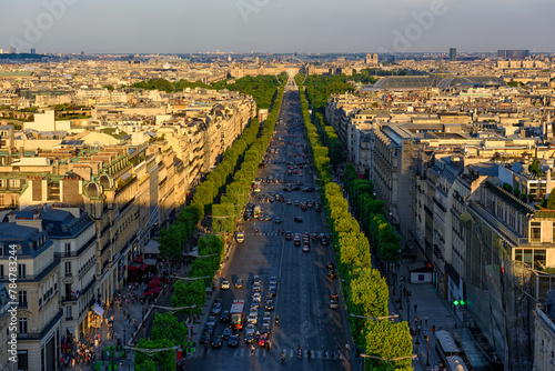 Aerial view of Avenue des Champs-Elysees in Paris, France. Skyline of Paris. Architecture and landmarks of Paris