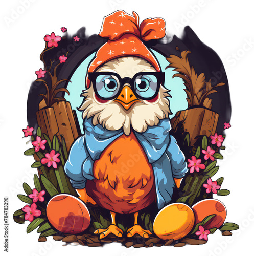 Cute cartoony Hen with Easter Eggs