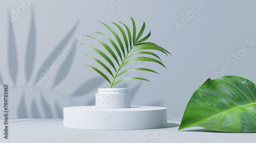 Cosmetic bottle podium and green leaf on gray coll photo