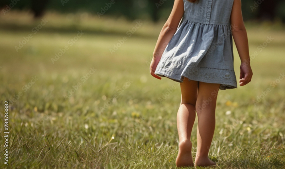 Barefoot child walking on the meadow
