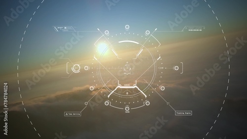 Military drone aircraft cockpit, dashboard 3D graphics display searching target photo