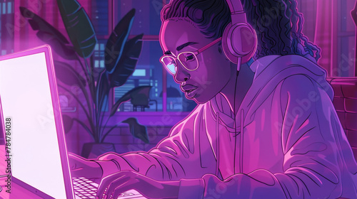 A focused young woman is engrossed in her laptop work  wearing headphones  surrounded by the soft glow of neon lighting at night
